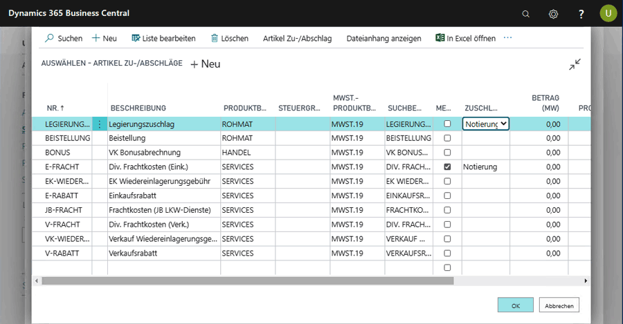 ERP Software Industrie unitop Metallnotierungen und Zuschläge